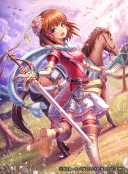 Rule 34 | 1girl, aqua eyes, boots, brown hair, company connection, copyright name, elbow gloves, fire emblem, fire emblem: path of radiance, fire emblem: radiant dawn, fire emblem cipher, flower, forest, gloves, hair flower, hair ornament, hairband, highres, horse, knee boots, leg up, looking at viewer, looking back, mist (fire emblem), naka (2133455), nature, nintendo, official art, open mouth, outdoors, scarf, short hair, short sleeves, skirt, smile, solo, sword, thighhighs, weapon, zettai ryouiki