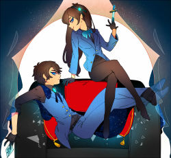 Rule 34 | 1boy, 1girl, aqua eyes, aqua vest, ascot, black shirt, breasts, brooch, brother and sister, brown hair, cape, card, collared shirt, couch, cushion, dark persona, dipper gleeful, eyeshadow, facial mark, forehead mark, formal, gem, gloves, glowing jewelry, gravity falls, hair ornament, hairband, jewelry, knife, long hair, mabel gleeful, makeup, pantyhose, shirt, short hair, siblings, sky, star (sky), starry sky, starry sky cape, swept bangs, twins, vest