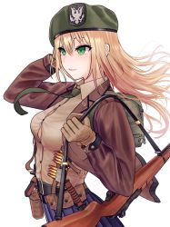 Rule 34 | 1girl, backpack, bad id, bad pixiv id, bag, bayonet, belt, beret, blonde hair, bullet, commentary request, girls&#039; frontline, gloves, green eyes, gun, hat, highres, long hair, m1 garand, m1 garand (girls&#039; frontline), military hat, necktie, revision, rifle, sheath, sheathed, solo, turisasu, weapon, white background