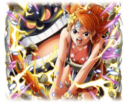 Rule 34 | 1girl, bandaid, bandaid on face, brown eyes, cloud, hair ornament, japanese clothes, lightning, nami (one piece), official art, one piece, one piece treasure cruise, open mouth, orange hair, tattoo, zeus (one piece)