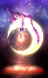 Rule 34 | 1other, blue eyes, bodysuit, closed mouth, commentary request, crescent moon, from side, full body, glowing, hat, highres, jester, jester cap, konna-nani, long sleeves, lying, moon, nights (character), nights into dreams, on crescent, on stomach, other focus, purple bodysuit, purple hat, smile, solo, space, star (sky), starry sky print