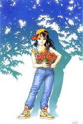 Rule 34 | 1990s (style), 1994, 1girl, absurdres, artist name, basket, basketball shoes, black hair, brown eyes, contrapposto, denim, flat chest, flower, foliage, full body, happy, hat, highres, holding, houjou tsukasa, komorebi no moto de, leaf, long hair, looking at viewer, nishikujo sara (komorebi no moto de), official art, overalls, reflection, retro artstyle, shadow, shirt, shoes, simple background, sleeveless, sleeveless shirt, smile, sneakers, solo, standing, strap slip, turned cap, yellow hat, yellow shirt