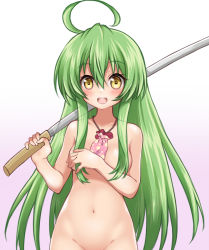 Rule 34 | 1girl, :d, ahoge, blush, breasts, busou shoujo machiavellism, covering privates, covering breasts, green hair, jewelry, kawanobe, long hair, looking at viewer, medium breasts, navel, necklace, nude, open mouth, out-of-frame censoring, smile, solo, sword, tamaba satori, weapon, yellow eyes