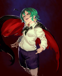 Rule 34 | antennae, black cape, blue shorts, breasts, cape, collared shirt, evil smile, green eyes, green hair, inishie kumo, long sleeves, one-hour drawing challenge, red cape, shirt, short hair, shorts, small breasts, smile, solo, touhou, two-sided cape, two-sided fabric, white shirt, wriggle nightbug