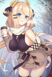 Rule 34 | 1girl, alternate costume, azur lane, bag, bare shoulders, black sweater, black thighhighs, blonde hair, blue eyes, blush, breasts, breath, brown coat, casual, closed mouth, coat, coat dress, commentary request, cowboy shot, cross, cross necklace, day, hair ornament, hair ribbon, hairclip, highres, holding, holding bag, jewelry, kon (k0n16), large breasts, laurel crown, leaning forward, lips, long hair, looking at viewer, necklace, off shoulder, outdoors, red bag, ribbed sweater, ribbon, scarf, snow, solo, standing, sweater, sweater vest, thighhighs, tree, very long hair, victorious (azur lane), victorious (the goddess&#039; day off) (azur lane)