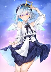 Rule 34 | 1girl, absurdres, amane kanata, arm up, bare shoulders, beret, black ribbon, blue dress, blue hair, blue hat, blush, closed mouth, cloud, cloudy sky, colored inner hair, commentary request, detached sleeves, dress, eme (emeralda), feet out of frame, gradient wings, grey hair, hair between eyes, halo, hat, highres, hololive, looking at viewer, mini wings, multicolored hair, multicolored wings, neck ribbon, necktie, plaid headwear, purple eyes, ribbon, short hair, single hair intake, skirt hold, sky, smile, solo, sparkle, star halo, variant set, virtual youtuber, white necktie, white wings, wings, yellow halo