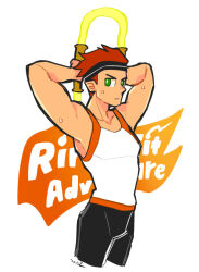Rule 34 | 1boy, arms up, game face, green hair, leggings, male focus, mo(zu)co, muscular, muscular male, red hair, ring (ring fit adventure), ring fit adventure, ring fit trainee, ring fit trainee (male), shirt, sleeveless, sleeveless shirt, sweat, white background, white shirt