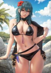 Rule 34 | 1girl, artist name, bikini, black bikini, blue eyes, blue hair, breasts, byleth (female) (fire emblem), byleth (female) (summer) (fire emblem), byleth (fire emblem), cape, dagger, fire emblem, fire emblem: three houses, fire emblem heroes, flower, gluteal fold, hair flower, hair ornament, highres, knife, large breasts, looking at viewer, medium hair, navel, nintendo, official alternate costume, palm tree, ribbon, rock, sciamano240, smile, solo, stomach, summer, swimsuit, thigh gap, tree, water, weapon, wrist ribbon