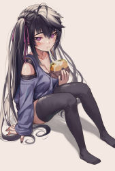 Rule 34 | 1girl, :t, absurdres, ahoge, arm support, black bra, black hair, black nails, black thighhighs, blue skirt, blush, bra, breasts, burger, cheese trail, cleavage, closed mouth, clothing cutout, commentary request, eating, fingernails, food, full body, hair ribbon, has bad revision, has downscaled revision, highres, holding, holding food, knees up, long hair, long sleeves, looking at viewer, md5 mismatch, medium breasts, mole, mole on breast, nail polish, no shoes, original, priite hari (torriet), purple eyes, purple ribbon, resolution mismatch, revision, ribbon, shoulder cutout, sidelocks, sitting, skirt, solo, source smaller, thighhighs, torriet, twintails, underwear, very long hair