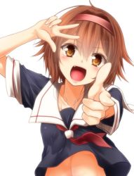 Rule 34 | 1girl, ahoge, arm up, black serafuku, blue serafuku, breasts, brown eyes, brown hair, collarbone, eyes visible through hair, fang, hair between eyes, hair ornament, hairband, head tilt, headband, jewelry, kantai collection, lips, long hair, looking at viewer, medium breasts, midriff, necklace, necktie, open mouth, outstretched arm, pointing, pointing at viewer, red hairband, red necktie, sailor collar, school uniform, serafuku, shiratsuyu (kancolle), short hair, simple background, skirt, smile, solo, tongue, upper body, v, white background, wind, wind lift, yua (checkmate)