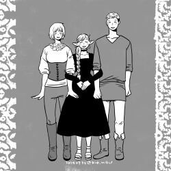 Rule 34 | 1boy, 2girls, armlock, arms at sides, blush, bob cut, body fur, boots, boy and girl sandwich, braid, breasts, brother and sister, choker, dress, dungeon meshi, elf, facing viewer, falin touden, frown, full body, hair over shoulder, half updo, happy, height difference, highres, knee boots, laios touden, long hair, long sleeves, marcille donato, medium breasts, multiple girls, nikutama, own hands together, pants, pointy ears, puffy long sleeves, puffy sleeves, sandwiched, shirt, short hair, siblings, side-by-side, sleeves pushed up, spoilers, standing, sword, underbust, undercut, v-neck, weapon