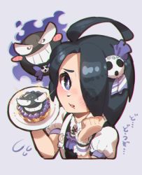 Rule 34 | 1boy, adapted costume, ahoge, allister (pokemon), black hair, blush, blush stickers, bright pupils, chromatic aberration, collared shirt, creatures (company), eyes visible through hair, flying sweatdrops, food, game freak, gastly, gen 1 pokemon, hair ornament, highres, holding, holding plate, looking at viewer, male focus, mole, mole under mouth, nintendo, nose blush, open mouth, plate, pokemon, pokemon (creature), pokemon swsh, purple eyes, shirt, short sleeves, sparkle, suspenders, taisa (lovemokunae), tongue, white pupils, wrist cuffs