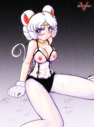 Rule 34 | 1990s (style), 1girl, animal ears, bishoujo senshi sailor moon, bishoujo senshi sailor moon sailor stars, blush, breasts, earmuffs, looking at viewer, mouse ears, mouse tail, purple eyes, retro artstyle, sailor iron mouse, see trough bra, simple background, sweat, tail, tears, thighhighs, twintails, vcampan, white hair