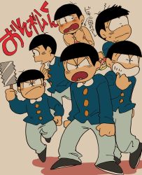 Rule 34 | 1980s (style), 6+boys, aboko (kihonokayu), blush, brothers, child, copyright name, crossdressing, hacksaw, highres, male focus, matching outfits, matsuno choromatsu, matsuno ichimatsu, matsuno jyushimatsu, matsuno karamatsu, matsuno osomatsu, matsuno todomatsu, multiple boys, oldschool, osomatsu-kun, osomatsu (series), retro artstyle, sandals, saw, sextuplets, siblings, simple background, smile, swimsuit, tan background, translation request, wing collar