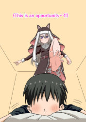 Rule 34 | 1boy, 1girl, barefoot, black hair, blush, character request, english text, faceless, faceless male, feet, from below, girls&#039; frontline, leg up, long hair, lying, nush advance, on stomach, purple eyes, short hair, silver hair, smile, soles, standing, standing on one leg, toes