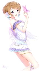 Rule 34 | 10s, 1girl, :d, blue ribbon, blush, brown hair, bug, butterfly, butterfly on hand, character name, chromatic aberration, fanqie jidan, feathered wings, flower, frills, hair flower, hair ornament, hair ribbon, highres, insect, kneehighs, koizumi hanayo, looking at viewer, love live!, love live! school idol festival, love live! school idol project, low wings, microphone, open mouth, purple eyes, ribbon, short hair, side ponytail, simple background, skirt, smile, socks, solo, text focus, thigh strap, white background, wings, x hair ornament