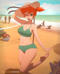 Rule 34 | 1girl, ;d, arm up, bare arms, bare legs, bare shoulders, barefoot, beach, bikini, bulbasaur, collarbone, creatures (company), day, freckles, game freak, gen 1 pokemon, green bikini, green eyes, gym leader, hat, highres, looking at viewer, looking back, misty (pokemon), navel, nintendo, ocean, one eye closed, open mouth, orange hair, outdoors, outstretched arm, outstretched hand, patreon username, pikachu, pokemon, pokemon (creature), sand, short hair, side ponytail, silhouette, sinner! (sillygirl), smile, solo focus, squirtle, standing, standing on one leg, starmie, stomach, striped bikini, striped clothes, sun hat, swimsuit, volleyball net, water, watermark, web address