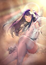 Rule 34 | 1girl, angel wings, belt, black belt, boots, closed mouth, cloud, commentary, dress, english commentary, frilled dress, frilled gloves, frills, gloves, hair ornament, halo, heart, highres, holding, holding microphone, hoshino ai (oshi no ko), idol, karikarisuru, long hair, microphone, oshi no ko, purple eyes, purple hair, rabbit hair ornament, reaching, reaching towards viewer, solo, star-shaped pupils, star (symbol), symbol-shaped pupils, thigh boots, thighs, turtleneck, turtleneck dress, white dress, white footwear, white gloves, wings