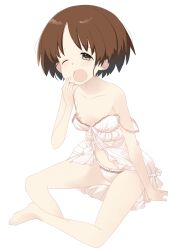 1girl arm_support blush breasts brown_eyes brown_hair collarbone downblouse full_body girls_und_panzer lingerie negligee nipple_slip nipples one_eye_closed open_mouth panties sakaguchi_karina short_hair simple_background sitting small_breasts solo underwear white_background white_panties whitemaiden wink yawning