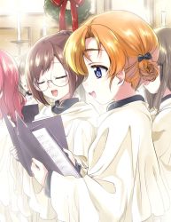 Rule 34 | 5girls, black bow, blue eyes, blush, bow, braid, brown hair, candle, candlestand, christmas, christmas wreath, commentary, dress, extra, folder, from side, girls und panzer, glasses, gown, hair bow, highres, holding, indoors, kuroi mimei, light blush, long sleeves, multiple girls, music, nilgiri (girls und panzer), open mouth, orange hair, orange pekoe (girls und panzer), red hair, rosehip (girls und panzer), round eyewear, sheet music, short hair, singing, smile, swept bangs, wide sleeves, wreath