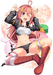 Rule 34 | 1girl, ;3, ;d, ahoge, arms up, asymmetrical legwear, black jacket, black panties, blush, boots, breasts, cameltoe, carrot-shaped pillow, collarbone, commentary request, cosplay, crescent, crescent hair ornament, cropped jacket, full body, groin, hair between eyes, hair ornament, hair ribbon, hidaka rina, highres, jacket, jewelry, kantai collection, knee boots, long hair, long sleeves, looking at viewer, low-tied long hair, magatama, magatama necklace, midriff, milim nava, milim nava (cosplay), navel, necklace, one eye closed, open mouth, panties, pillow, pink eyes, pink hair, polka dot, polka dot legwear, puffy long sleeves, puffy sleeves, rabbit-shaped pillow, rabbit hair ornament, rabbit pose, red footwear, ribbon, shrug (clothing), sidelocks, single thighhigh, sitting, small breasts, smile, solo, spread legs, striped clothes, striped thighhighs, tensei shitara slime datta ken, thigh strap, thighhighs, underwear, uneven legwear, uzuki (kancolle), very long hair, voice actor connection, white background, yasume yukito