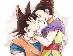 Rule 34 | 1boy, 1girl, bare arms, beige background, black eyes, black hair, bracelet, breasts, chi-chi (dragon ball), chi (cmon 57), china dress, chinese clothes, couple, dougi, dragon ball, dragonball z, dress, eye contact, eyelashes, face-to-face, from side, hair bun, hair slicked back, hair strand, hand on another&#039;s hip, hands on another&#039;s neck, happy, hetero, high collar, jewelry, looking at another, medium breasts, muscular, muscular male, neckerchief, open mouth, parted lips, pectorals, profile, purple neckerchief, sideboob, simple background, single hair bun, sleeveless, sleeveless dress, son goku, spiked hair, two-tone background, undershirt, upper body, white background, yellow dress