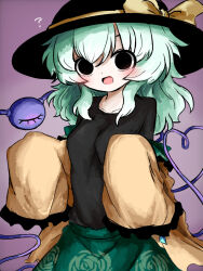 1girl ? black_eyes black_hat black_undershirt blouse blush bow breasts commentary_request floral_print green_hair green_skirt hat hat_bow hat_ribbon heart heart_of_string heripantomorrow komeiji_koishi looking_at_viewer medium_breasts medium_hair open_clothes open_mouth partial_commentary print_skirt ribbon rose_print shirt skirt sleeves_past_wrists solo third_eye touhou unbuttoned unbuttoned_shirt undershirt wide_sleeves yellow_bow yellow_ribbon yellow_shirt