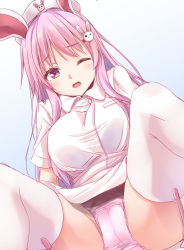 Rule 34 | 1girl, alternate costume, animal ears, animal print, bad id, bad pixiv id, blue background, breasts, commentary request, dutch angle, feet out of frame, garter straps, gradient background, hair ornament, hat, hisae (hisae collect), knees up, large breasts, long hair, looking at viewer, no pants, nurse, nurse cap, one eye closed, open mouth, panties, pink panties, purple hair, rabbit ears, rabbit hair ornament, rabbit print, red eyes, reisen udongein inaba, shirt, sidelocks, sitting, solo, spread legs, thighhighs, thighs, touhou, underwear, white background, white shirt, white thighhighs