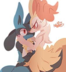 Rule 34 | 1boy, 1girl, animal ear fluff, animal ears, animal hands, blush, braixen, closed mouth, creatures (company), eye contact, fox ears, fox tail, furry, game freak, gen 4 pokemon, gen 6 pokemon, half-closed eyes, hands on another&#039;s face, hetero, interspecies, jpeg artifacts, looking at another, lucario, nintendo, nose blush, nyaswitchnya, pokemon, pokemon (creature), pokephilia, red eyes, signature, simple background, sitting, spikes, standing, tail, wavy mouth, white background, wide-eyed, wolf ears, wolf tail