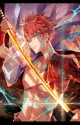 Rule 34 | 1boy, abs, cape, embers, emiya shirou, fate/grand order, fate (series), holding, holding sword, holding weapon, katana, letterboxed, looking at viewer, male focus, navel, parted lips, red hair, scabbard, senji muramasa (fate), sheath, shrug (clothing), solo, sparks, sword, unsheathing, upper body, waltz (tram), weapon, wristband, yellow eyes