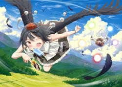 Rule 34 | 2girls, angry, bird wings, black hair, black skirt, black wings, blue sky, blush, breasts, brown hair, camera, cloud, cloudy sky, commentary request, danmaku, feathered wings, food, food in mouth, frilled skirt, frills, hakurei reimu, hat, holding, medium breasts, miniskirt, multiple girls, otomeza ryuseigun, outdoors, pom pom (clothes), popsicle, red hat, red shirt, red skirt, shameimaru aya, shirt, short hair, skirt, sky, sleeveless, sleeveless shirt, tokin hat, touhou, white shirt, wings