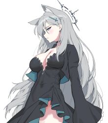 Rule 34 | 1girl, animal ears, black dress, blue archive, breasts, dcinside (website), dress, grey hair, halo, highres, long hair, medium breasts, second-party source, shiroko (blue archive), shiroko terror (blue archive), solo, urrrt, very long hair, white background