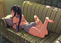 Rule 34 | 10s, 1girl, ass, back, backless outfit, bad id, bad pixiv id, bare legs, bare shoulders, barefoot, black hair, blue eyes, couch, dress, dungeon ni deai wo motomeru no wa machigatteiru darou ka, feet, hair ornament, hestia (danmachi), knees together feet apart, legs up, long hair, looking at viewer, looking back, lying, hugging object, on couch, on stomach, oxxo (dlengur), pillow, pillow hug, rei no himo, short dress, smile, soles, solo, the pose, twintails, very long hair, white dress