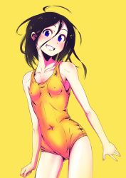 Rule 34 | 1girl, ahoge, arms at sides, black hair, blue eyes, blush, breasts, collarbone, contrapposto, covered navel, cowboy shot, covered erect nipples, grin, highres, looking at viewer, one-piece swimsuit, original, school swimsuit, shokubai phantom girl, simple background, small breasts, smile, solo, standing, swimsuit, teeth, yellow background, yellow one-piece swimsuit