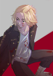 Rule 34 | 0tetra u, 1boy, black coat, black eyes, black pants, blonde hair, blood, blood on clothes, blood on face, boots, coat, coat on shoulders, collarbone, cowboy shot, empty eyes, forehead, grey background, hands in pockets, looking away, male focus, medium hair, pants, red background, sano manjirou, shirt, solo, standing, tokyo revengers, two-tone background, white footwear, white shirt