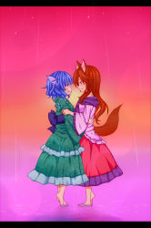 Rule 34 | 2girls, animal ears, bare shoulders, barefoot, blue eyes, blue hair, blush, breasts, brooch, brown hair, couple, curly hair, dress, eye contact, fins, floral print, hand on another&#039;s face, head fins, highres, imaizumi kagerou, japanese clothes, jewelry, kimono, layered dress, letterboxed, long hair, long sleeves, long tail, looking at another, multiple girls, obi, open mouth, personification, rain, red eyes, ripples, sash, short hair, smile, tail, tiptoes, totoharu (kujirai minato), touhou, wakasagihime, wide sleeves, wolf ears, wolf tail, yuri