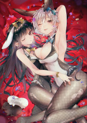 Rule 34 | 2girls, ;p, absurdres, animal ears, armpits, bare shoulders, black eyes, black hair, blush, bow, bowtie, breasts, brown eyes, cleavage, detached collar, fake animal ears, fishnet legwear, fishnets, grey hair, hair bow, harui (hr x9 ), highres, huge filesize, large breasts, leotard, long hair, looking at viewer, messy hair, multiple girls, one eye closed, open mouth, original, pantyhose, playboy bunny, rabbit ears, short hair, sidelocks, small breasts, smile, thighs, tongue, tongue out, torn clothes, torn legwear, wrist cuffs