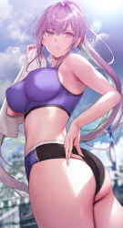 Rule 34 | 1girl, absurdres, ass, bare arms, bare shoulders, blue sports bra, blurry, blurry background, blush, breasts, buruma, buruma pull, clothes pull, cloud, cloudy sky, commentary request, from below, gentsuki, grey hair, highres, holding, holding towel, large breasts, long hair, looking at viewer, open mouth, original, outdoors, parted lips, ponytail, sidelocks, sky, solo, sports bra, sunlight, sweatdrop, towel, yellow eyes
