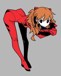 Rule 34 | 1girl, akableak, alternate eye color, arm rest, arm support, ass, black eyes, bodysuit, breasts, crossed arms, full body, gloves, grey background, highres, interface headset, leaning forward, long hair, looking at viewer, neon genesis evangelion, orange hair, pilot suit, plugsuit, red bodysuit, short eyebrows, simple background, small breasts, solo, souryuu asuka langley, two side up