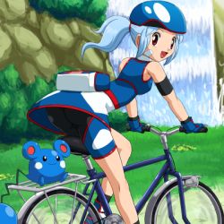 Rule 34 | 00s, armband, ass, azurill, bandaid, bandaid on face, bicycle, bicycle helmet, bicycle rack, bike shorts, blue hair, cosplay, creatures (company), cycling uniform, game freak, gen 3 pokemon, gloves, helmet, kyogre (cosplay), lowres, marina (pokemon battle revolution), nintendo, pokemoa, pokemon, pokemon (creature), pokemon battle revolution, ponytail, red eyes