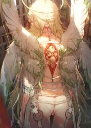 Rule 34 | 1girl, angel, angel wings, blonde hair, body horror, braid, commentary request, cowboy shot, eldritch abomination, exposed muscle, extra eyes, feathered wings, french braid, from behind, green eyes, halo, hand tattoo, highres, long hair, moss, multiple wings, original, panties, solo, soono (rlagpfl), stitching, sunlight, tattoo, underwear, very long hair, white panties, wings