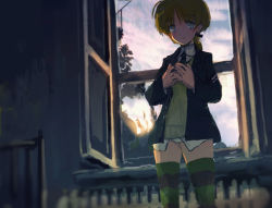 Rule 34 | backlighting, blue eyes, braid, brown hair, cloud, cloudy sky, dark, faux traditional media, frown, hands on own chest, indoors, kabuyama kaigi, lynette bishop, necktie, single braid, sky, strike witches, striped clothes, striped thighhighs, sunlight, sunrise, sweater vest, thighhighs, tree, window, world witches series