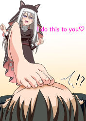 Rule 34 | 1boy, 1girl, barefoot, black hair, blush, character request, english text, faceless, faceless male, fang, feet, femdom, foot on head, from below, girls&#039; frontline, leg up, long hair, nush advance, open mouth, purple eyes, short hair, silver hair, skin fang, soles, standing, standing on one leg, toes