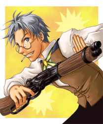 Rule 34 | 1boy, ahoge, blue eyes, choker, cigarette, earrings, glasses, gradient background, grey hair, grin, gun, guy (wild arms), jewelry, lowres, male focus, oku (hybrid zero), pants, shirt, simple background, smile, solo, vest, weapon, wild arms, wild arms flower thieves