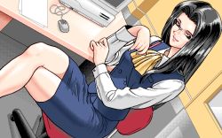 Rule 34 | 1girl, 4bpp, black hair, business suit, chair, computer, desk, formal, game cg, glasses, kajiyama hiroshi, crossed legs, long hair, looking at viewer, mouse (computer), office, paper, pc98, poison ~6 nin no majo~, retro artstyle, sitting, suit