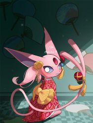 Rule 34 | absurdres, blush, bright pupils, closed mouth, clothed pokemon, creatures (company), espeon, espeon (pokebuki), forked tail, game freak, gen 2 pokemon, grey eyes, highres, japanese clothes, kashiwa gnu, kimono, looking at viewer, looking back, nintendo, no humans, pokemon, pokemon (creature), pokemon unite, red kimono, sitting, smile, solo, tail, white pupils