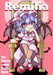 Rule 34 | 1girl, bat (animal), bat wings, blush stickers, brooch, character name, chibi, collared shirt, commentary request, english text, frilled shirt, frilled shirt collar, frilled sleeves, frills, full body, hair between eyes, hand on own chin, hat, hat ribbon, highres, jewelry, looking at viewer, mahoro (minase mahoro), mary janes, mob cap, on chair, pink background, pink hat, pink shirt, pink skirt, puffy short sleeves, puffy sleeves, purple hair, red eyes, red footwear, red ribbon, remilia scarlet, ribbon, shirt, shoes, short hair, short sleeves, sitting, skirt, socks, solo, touhou, white socks, wings, yellow brooch