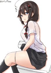 Rule 34 | 1girl, ahoge, alternate costume, blue eyes, blush, braid, brown hair, commentary request, dress shirt, hair ornament, hairclip, highres, kantai collection, long hair, looking at viewer, open mouth, panties, panty pull, saku (kudrove), shigure (kancolle), shirt, single braid, sitting, skirt, solo, toilet, toilet paper, twitter username, underwear, white panties