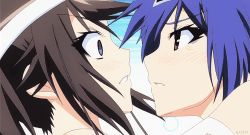 Rule 34 | 2girls, animated, animated gif, bare shoulders, blue eyes, blue hair, blush, brown eyes, brown hair, character request, eye contact, closed eyes, face-to-face, female focus, headband, kiss, looking at another, lowres, medaka box, multiple girls, parted lips, surprised, tears, yuri