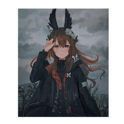 Rule 34 | 1girl, animal, arm up, black jacket, black shirt, black wings, blush, brown eyes, brown hair, bug, building, butterfly, chihuri, closed mouth, cloud, cloudy sky, collared shirt, day, feathered wings, fingernails, flower, hair between eyes, hair flower, hair ornament, head wings, highres, insect, jacket, lavender quartz, long hair, looking at viewer, open clothes, open jacket, outdoors, overcast, purple flower, rose, shirt, sky, solo, torabishi lana, white flower, white rose, wings